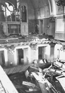 Prayer books scattered on the floor of the choir loft in the Zerrennerstraße synagogue