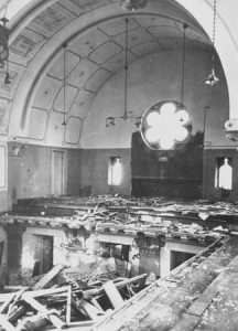 Prayer books scattered on the floor of the choir loft in the Zerrennerstraße synagogue